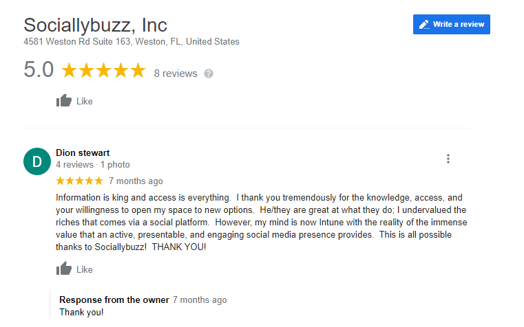 Sociallybuzz.com Testimonial: social media marketing agency for small businesses